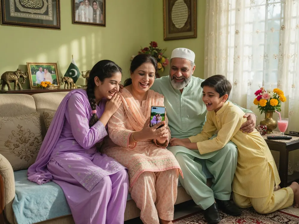 A Pakistani family checking their electricity bill on a phone at home