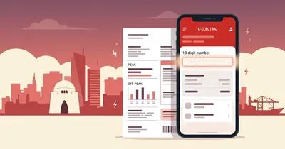 Illustration of a Karachi skyline with a phone showing a K-Electric bill and the 13-digit account number highlighted