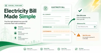 Reference number or customer ID electricity bill guide showing two printed labels matched to separate input fields