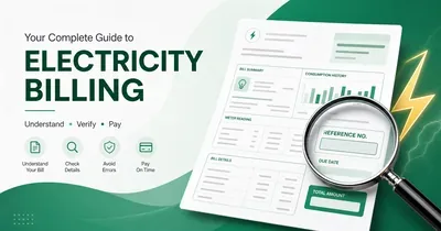 Where is reference number on bill guide with a magnifier highlighting the REFERENCE NO field on a stylized electricity bill